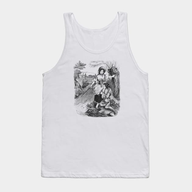 Idyllic Rustic Scene with a Girl and a Shepherd. Black and White Vintage Illustration Tank Top by Biophilia